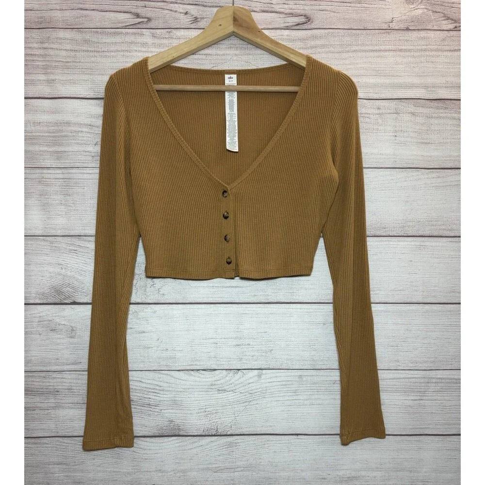 Alo Yoga Ribbed Cropped Whisper Cardigan Tan Camel Women’s size S
